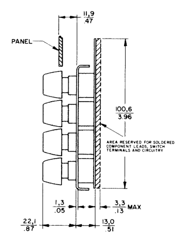 16SD3-5 Hall Effect Keypad schematic, side view, keytops