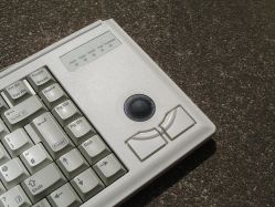 Right-hand side with trackball and five status LEDs