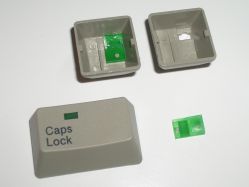 Windowed Fujitsu Peerless keycaps, showing the precision window insert; the slot for the insert was damaged during its removal