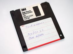 Handwritten diskette label indicating name of origin computer