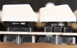 Side view of the mounting plate (PCB removed) showing two switches with keycaps.