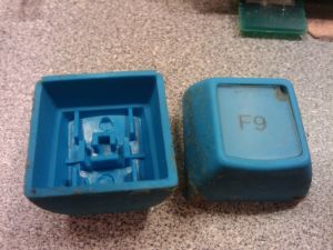 Dirty blue legendable keycap, pad printed.