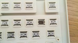 Undersides revealing the "click" switch over membrane. Only one metal leaf spring per key.